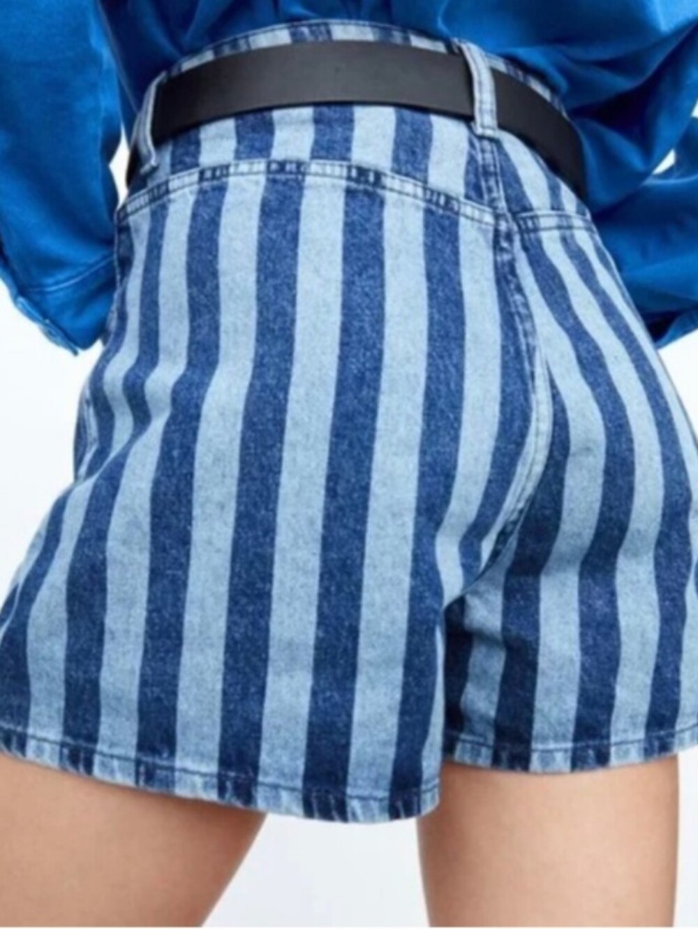 Zara Striped Blue Denim High Waist Women’s Shorts 8